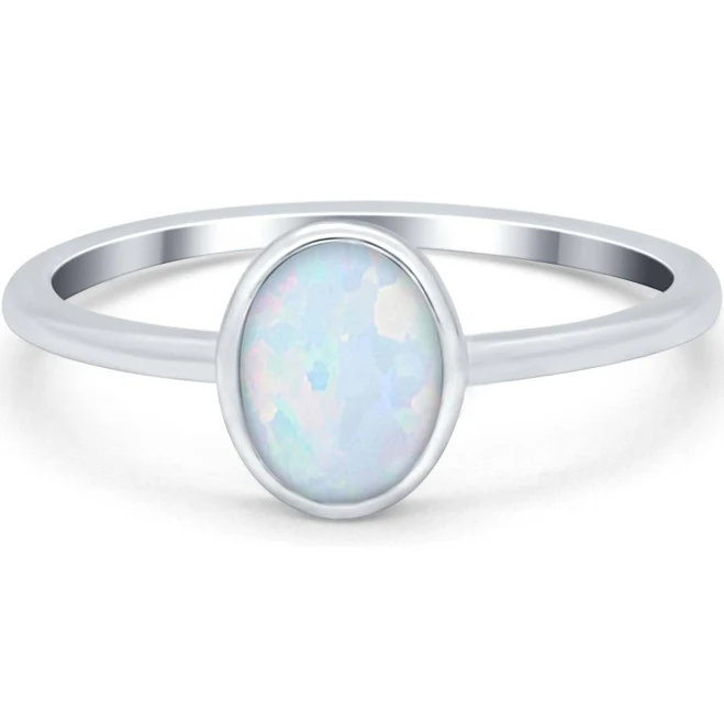 Women's blue apple imports Solitaire Oval Thumb Ring Lab Created Opal Stone 925 Sterling Silver