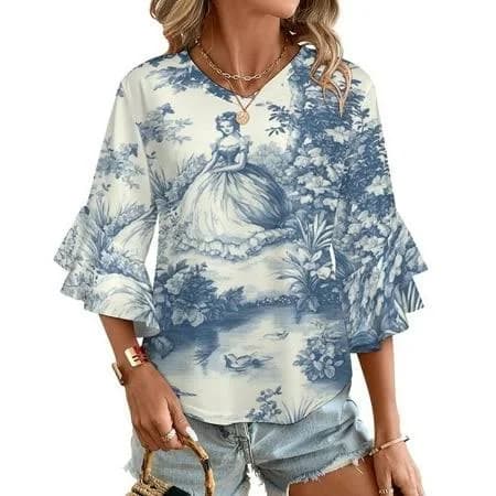 25XWHUIFADA Toile De Jouy Beautiful Woman Women's V-Neck Blouse With 3/4 Ruffled Bell Sleeves Casual Top Ladies Blouses, Size: Small