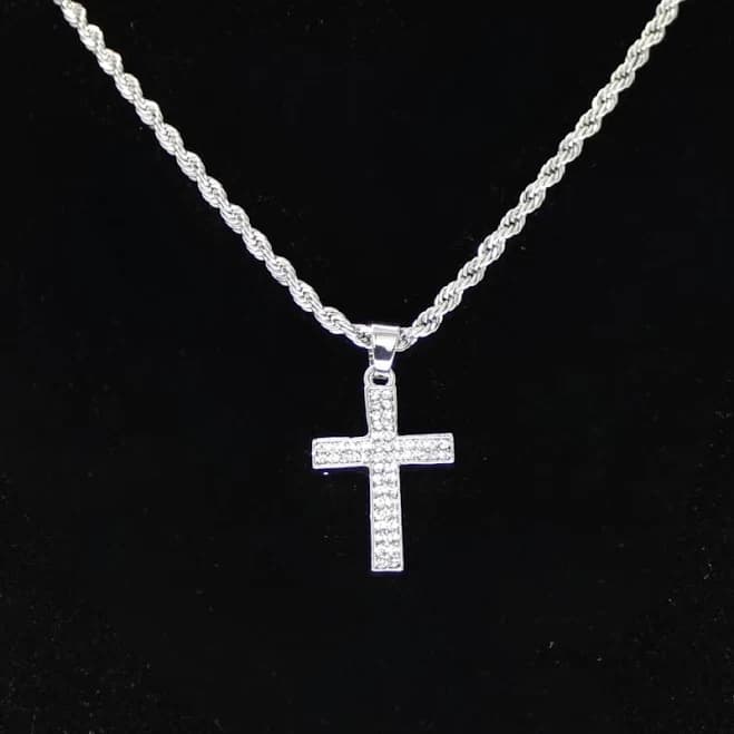Iced Cz Cross Pendant Hip Hop Jewelry Silver Plated W/ 20" Rope 3mm