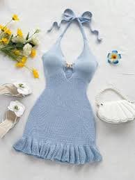 Soleia Women's Vacation Moss Green Halter Back Tie Hollow Out Ruffle Hem Mini Knitted Dress With Metal Buckle Decor Blue | SHEIN South Africa