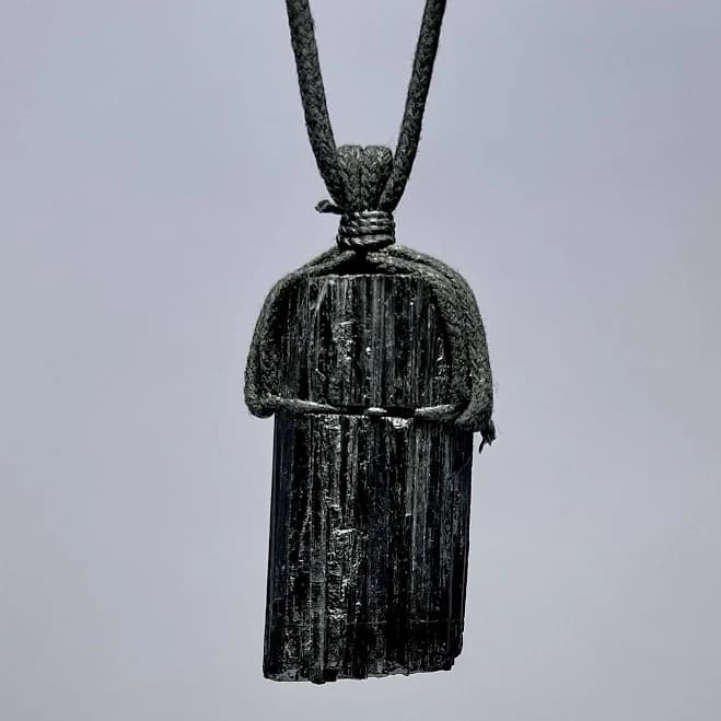 Raw Black Tourmaline Gemstone Cord Pendant Necklace