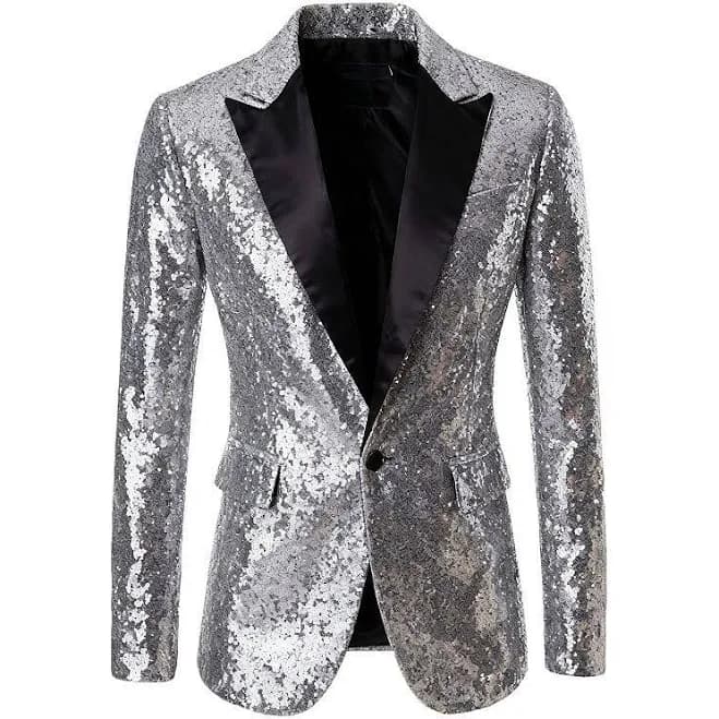 Men's Sequin Blazer for Performance Emcee Tuxedo Party and Prom Stage Suit Jacket, Size: XL, Silver