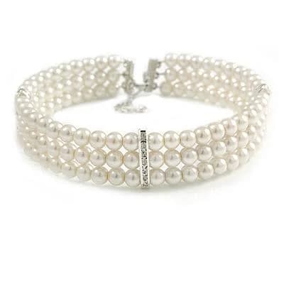 3- Row Faux Glass Pearl Rigid Choker Necklace with Crystal Bar