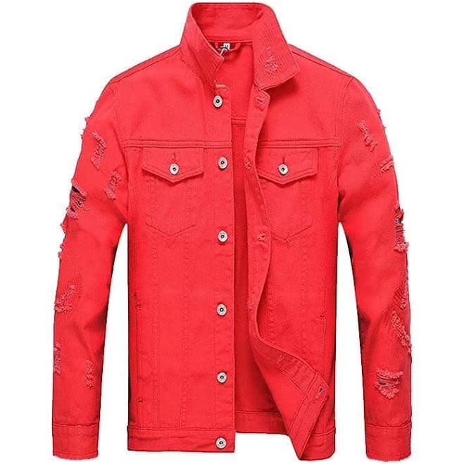 Men's Distressed Destroyed Slim Fit Trucker Denim Jacket