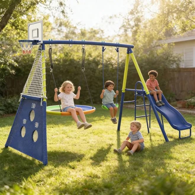 Heavy-Duty Metal Swing Set for Kids 5 in 1 with Slide, Saucer Swing, Belt Swing, Soccer Goals and Basketball Hoop SUMIJ Frame Finish: Blue/Yellow