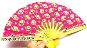 Thai Elephantgolden Color Printed Crafted Bamboo Wooden Folding Fabric Hand Fan