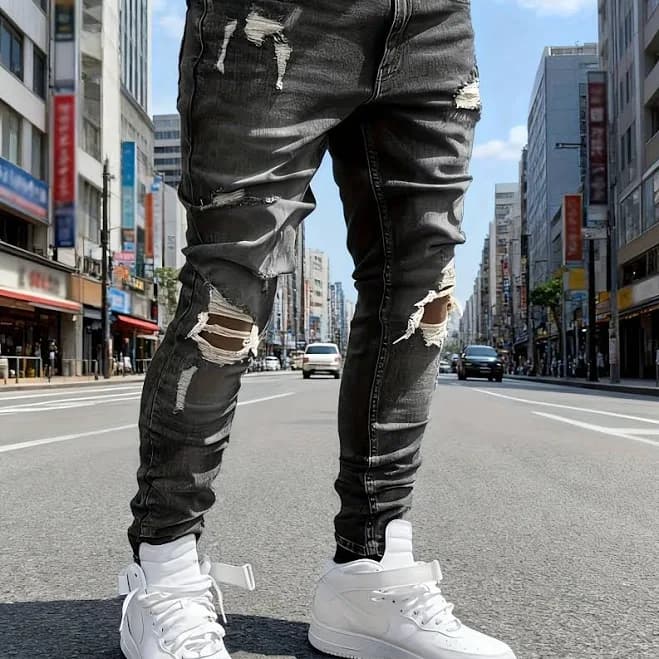 Men's Stretch Skinny Jeans with Frayed Hem & Knee Rips