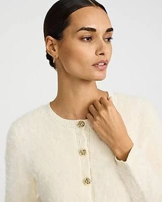Express Women's Fuzzy Crew Neck Novelty Button Cardigan