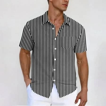 Men's Vertical Striped Short Sleeve Cardigan with Pocket