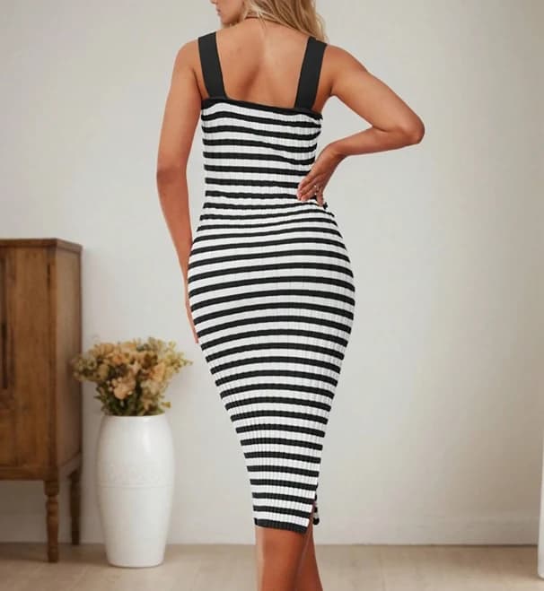 SHEIN Women's Striped Knit Bodycon Midi Dress with Side Slit