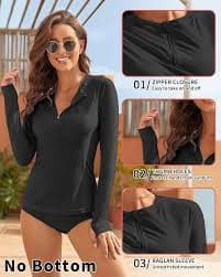 WOWENY Women Rash Guard Long Sleeve UPF 50 Swim Shirts SPF Sun Protection Swimsuit Top No Bottom(A-Black, X-Small) at Amazon Women's Clothing store