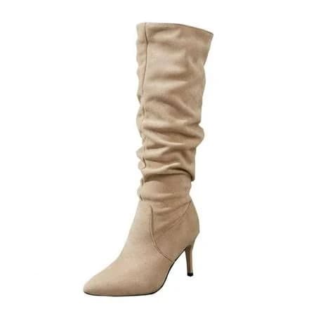 Hopeusnice Women's Slouchy Over The Knee Boots Pointed Toe High Heel Suede Booties Stretchy Thigh High Boots Beige 40, Size: 40 US 7.5
