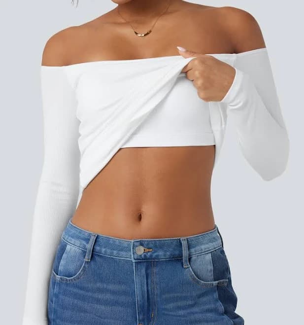Halara Ribbed Knit Off Shoulder Long Sleeve 2-in-1 Casual Top Tank Top - White - M golf tops halter top tunic tops sleeveless tops