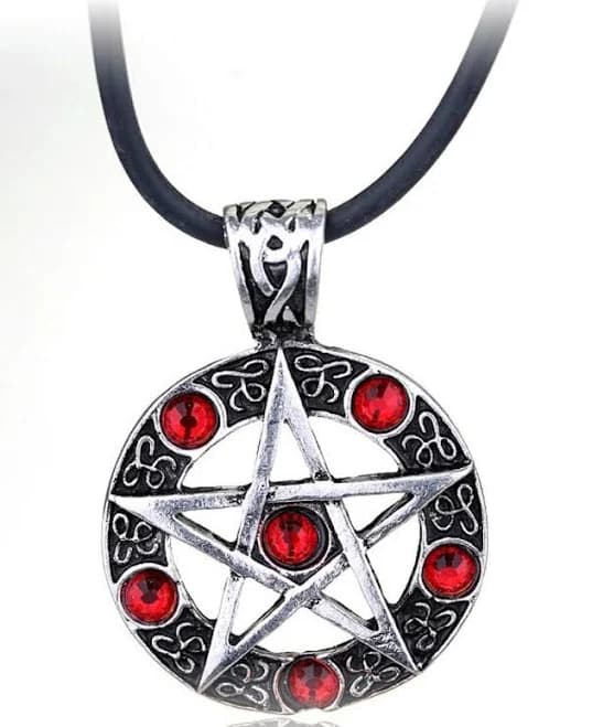 Supernatural Pewter Pentagram With Red Crystals Corded Necklace