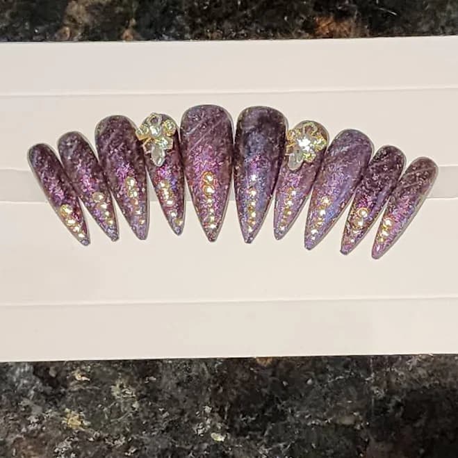 Purple Shimmer Jeweled Stiletto Press On Nails