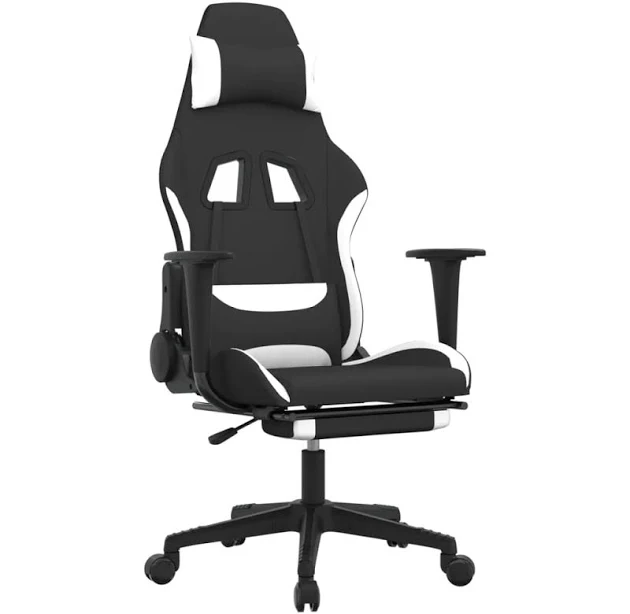 vidaXL Gaming Chair with Footrest Black and White Fabric