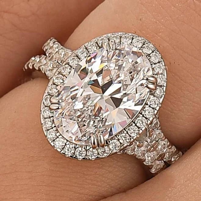 8ct Oval Cut White Stone Split Shank Pavé Halo Engagement Ring