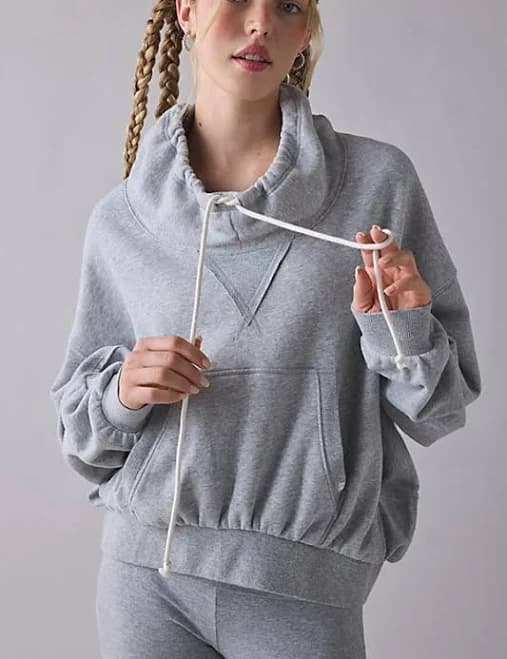Out From Under Hear Me Out Drawstring Mockneck Pullover Top in Grey Cotton, Women's XS at Urban Outfitters