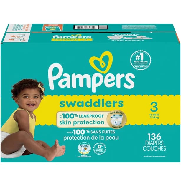 Pampers Swaddlers Size 3 Baby Diapers 16-28 lb 136 Count Box