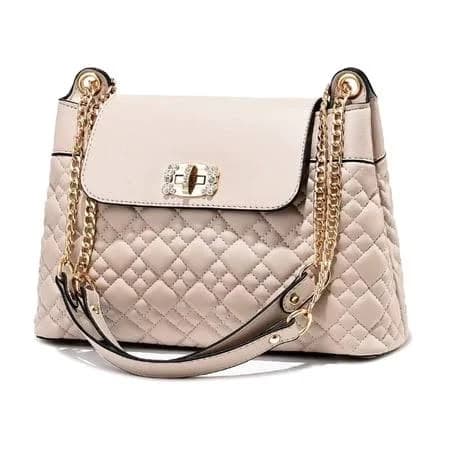 Port&lotus Beige Stylish Quilted Shoulder Bag with Gold Chain and Elegant Twist Lock Ideal Fashion Accessory for Women Handbags Purses with Chain