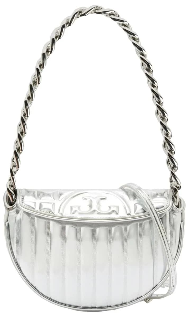 Tory Burch Mini Fleming Metallic Quilt Crescent shoulder Bag