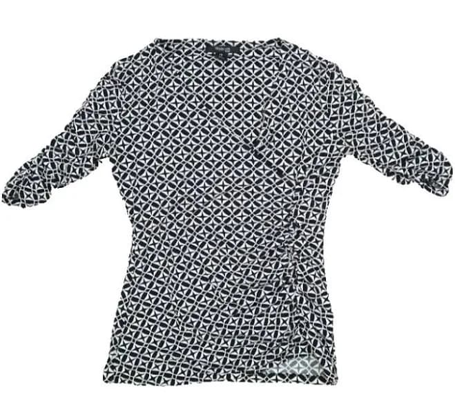 Style & Co Womens Black White Geometric Short Sleeve V Neck Shirt Top