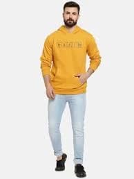 Men Mustard Yellow Printed Hooded Pullover Sweatshirt