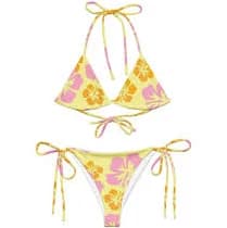Light Yellow Hawaiian Hibiscus Flower Floral All-Over Print String 2 Piece Bikini
