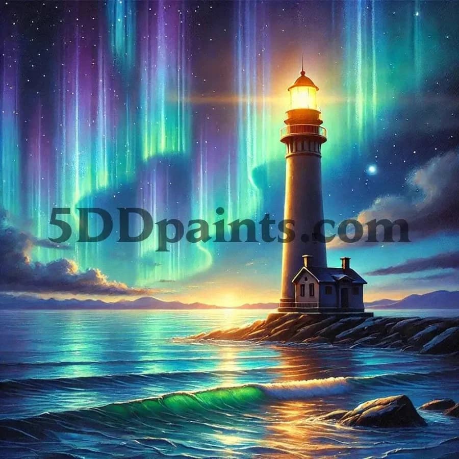 Lighthouse Under The Northern Lights Diamond Painting Kit