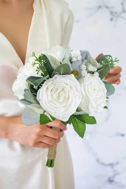 Zapaka Classic White Rose and Greenery Wedding Bouquet