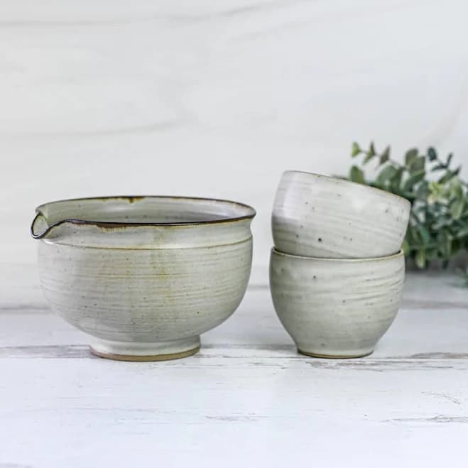 Handcrafted Grey Ceramic Matcha Set: Spouted Bowl, 2 Cups, Whisk & Holder