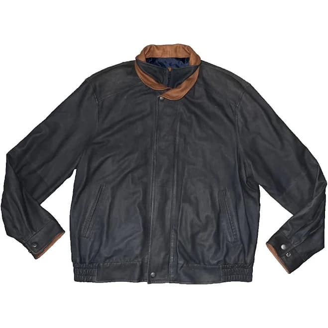 Johnston & Murphy Black Lamb Leather Bomber Jacket Brown Collar Sz Xl