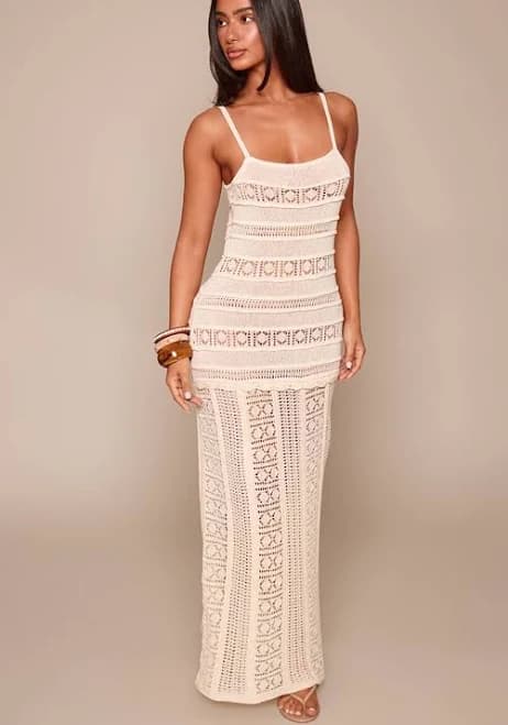 PrettyLittleThing Women's Petite Ribbed Crochet Cut Out Maxi Dress