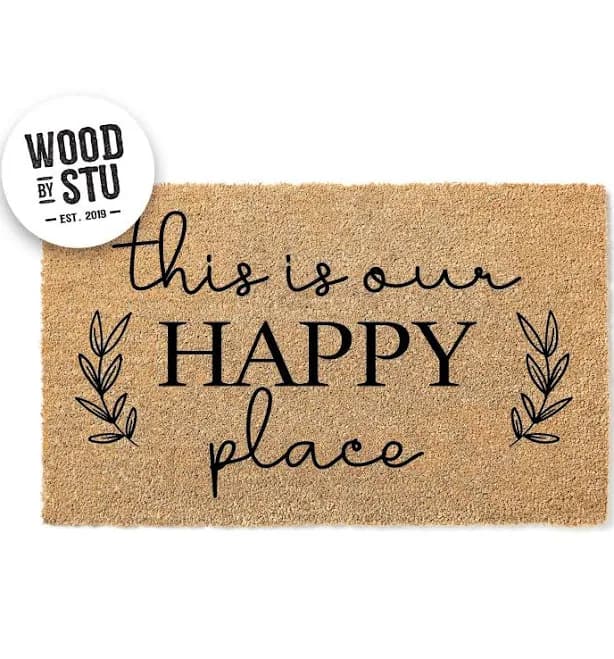 This is Our Happy Place Doormat | 18x30 Inch Natural Coir Entry Mat with Black Text | Perfect for Indoor & Outdoor Use