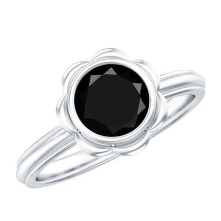 Rosec Jewels Real Black Onyx Flower Engagement Ring 1 Carat Bezel Set Onyx Solitaire Ring