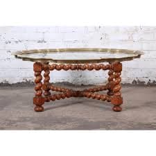 Baker Furniture English Barley Twist Oak, Brass, and Glass Cocktail Table | Chairish