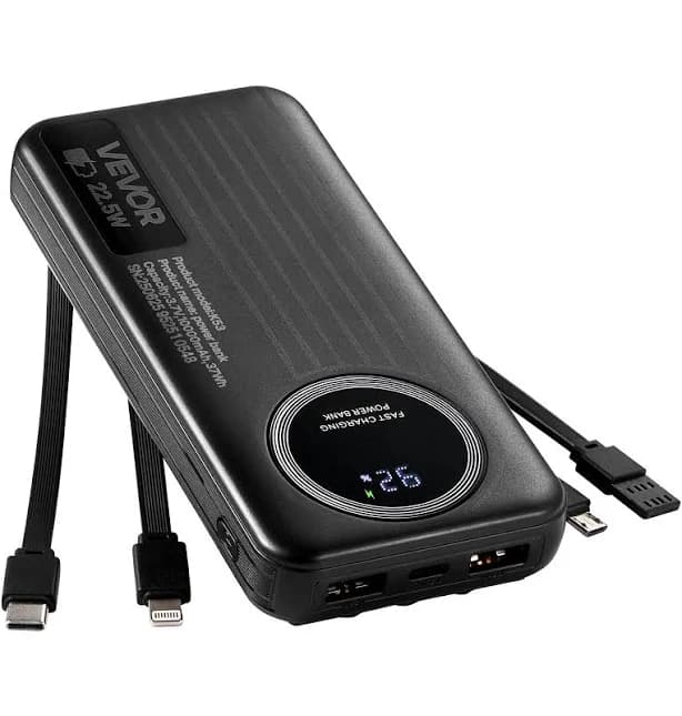 VEVOR - Portable Charger, with Built-in Cables, 10000 mAh Travel Battery Pack, 6 Outputs 3 Inputs Fast Charging Power Bank - Black