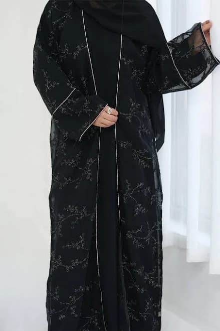 Meadowe Full Embroidered Mesh Open Abaya