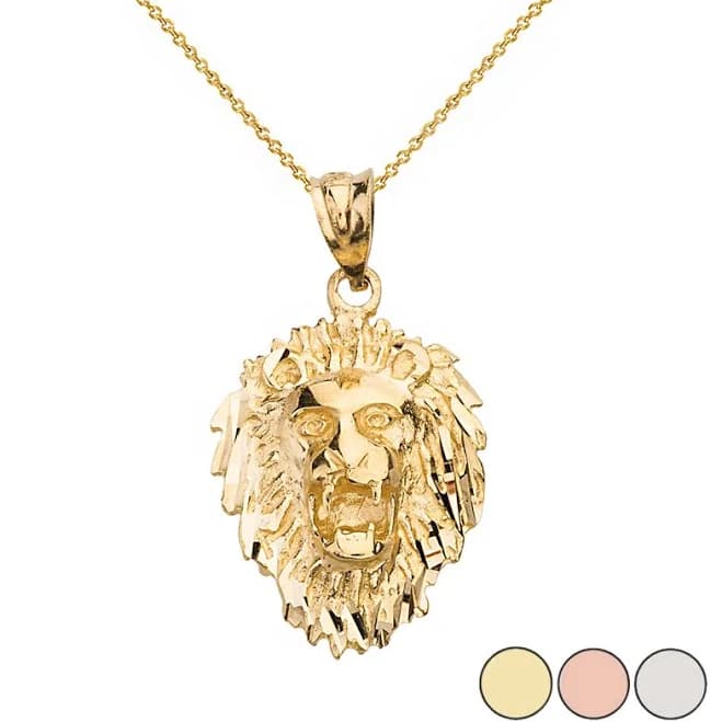 factory direct jewelry Solid Gold Diamond Cut Roaring Lion Head Pendant Necklace