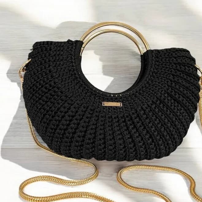 Handmade Crochet Handbag with Gold Ring Handles