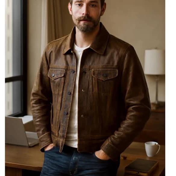 Men's Western Leather Trucker Jacket