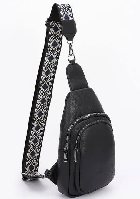 Faux Leather Sling Bag W/multi Color Strap Black