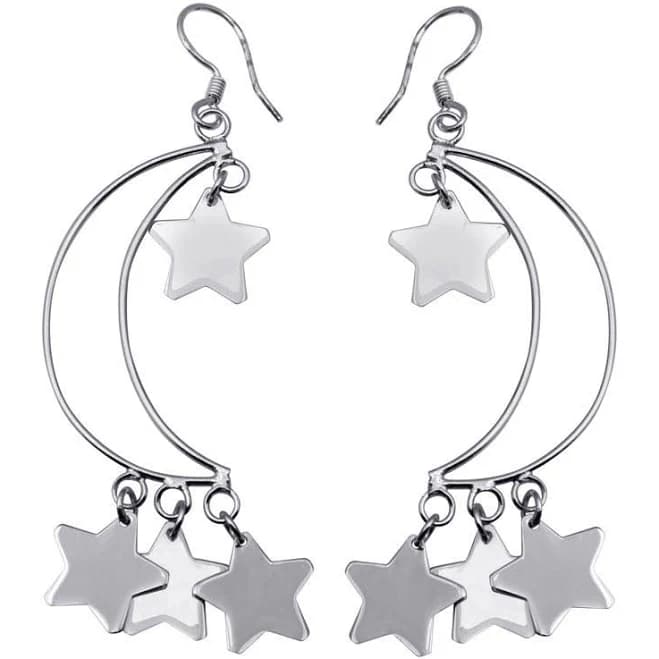 925 Rhodium Plated Open Crescent Moon Dangling Stars Hook Earrings