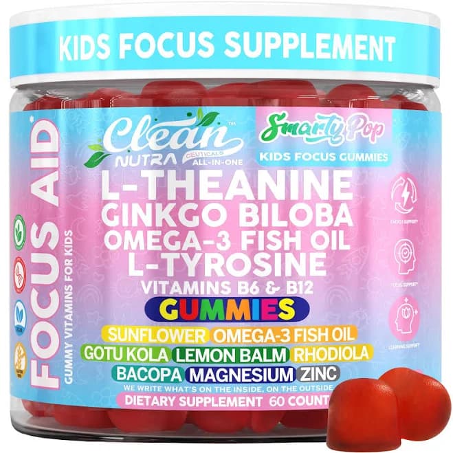 Clean Nutra Kids Focus Gummies with L-Theanine Ginkgo Biloba Omega-3 Fish Oil L-Tyrosine Vitamin B6 B12 60 Count Clean Label Non-GMO Vegan-Friendly