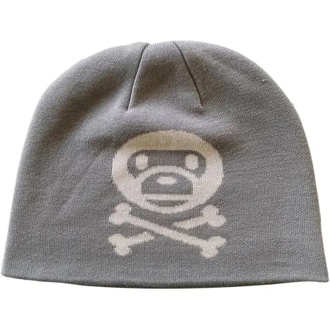 A Bathing Ape Grey Knit Beanie With Baby Milo Skull
