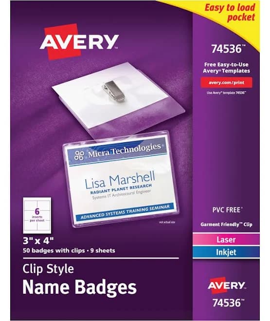 Avery Top-Loading Garment-Friendly Clip-Style Name Badges (50 Pack)