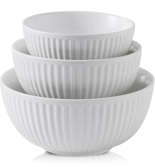 Hasense Ceramic Mixing Bowls Of 3, Large Ribbed Nesting White Bowls