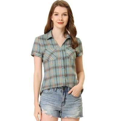 Inspire Chic Women's Plaid Classic Short Sleeve Button Down Shirt