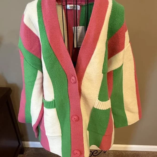 Striped Cardigan - Green/Cream/Pink - Large - Women's