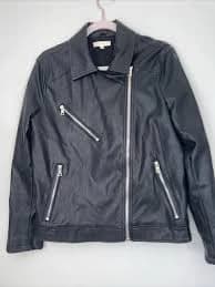 Women's Black Faux Leather Biker Jacket Silver Zippers Size Small By Promesa